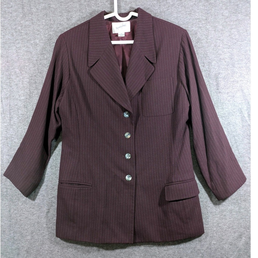Jacqueline Ferrar Women's Maroon Pinstripe Two Piece Blazer Skirt Suit Size 14